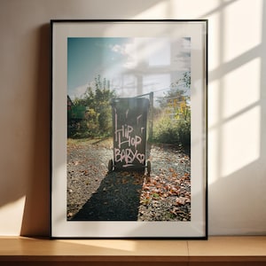 Könnte beinhalten: Ein schwarz gerahmtes Foto eines Müllcontainers mit pinkfarbener Sprühfarbe, auf dem "Hip Hop Baby" mit einem Herzsymbol steht. Der Müllcontainer befindet sich in einem grasbewachsenen Bereich mit Bäumen und einem Zaun im Hintergrund.