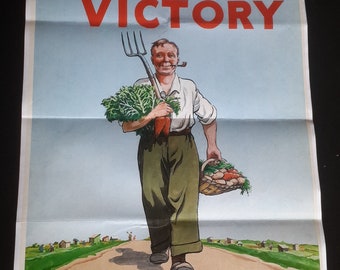 1943 Segunda Guerra Mundial EE. UU. América Cavar para la victoria Granjero Hombre Vegetal Comida Guerra Antiguo cartel de propaganda vintage de la Segunda Guerra Mundial n.° 85