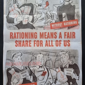 May include: A black and white illustration of a poster promoting rationing during wartime. The poster shows two scenes, one depicting a crowded store with people struggling to get goods without rationing, and the other showing a store with people calmly getting goods with rationing. The poster reads "Rationing means a fair share for all of us".
