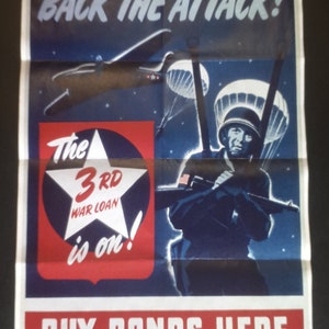 1941 WW2 USA America Buy War Bonds Back The Attack Paratroopers Pilot Bomber Soldier Army Old Vintage Propaganda Poster #184