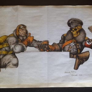 May include: A black and white illustration of two men shaking hands. The man on the left is wearing a brown leather jacket and a pilot's helmet. The man on the right is wearing a military uniform with a skull and crossbones on his hat. The illustration is signed "Hermann Seppen" and dated "October 1944".