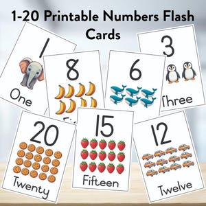Printable Number Flash Cards 1–20, Counting Cards with Illustrations, Toddler Preschool Math, Educational, Number Recognition, Kids, Visuals