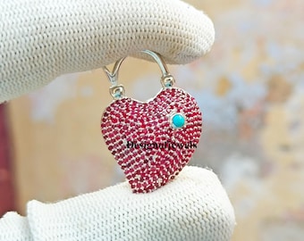 Ruby Heart Padlock Pendant: Turquoise Accent, Sterling Silver Handmade Jewelry