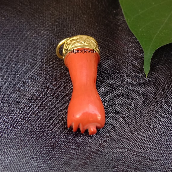 Pendentif Main De Fatma (figa) En Argent 925 Et Corail - Fait Main En Inde, Vintage, Neuf Sans Boîte