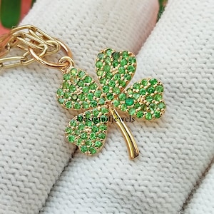 Clover Pendant, Tsavorite Gemstone Leaf Clover Pendant, 14k Yellow Gold Four Leaf Charm Pendant Jewelry, Gift For Her