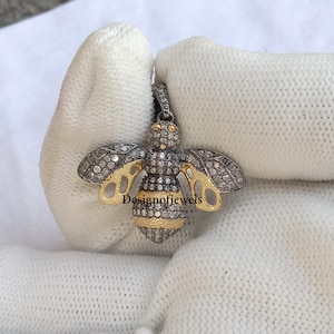 14k Yellow Gold Vermeil Jewelry, Pave Diamond Pendant, Honey Bee Pendant, 925 Sterling Silver Insect Pendant, Unisex Halloween Jewelry