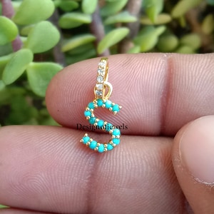 14k Yellow Gold ''S'' Pendant, Initial Charm 925 Sterling Silver Alphabet Charm, Turquoise Initial Pendant, Pave Diamond Pendant, Gifts