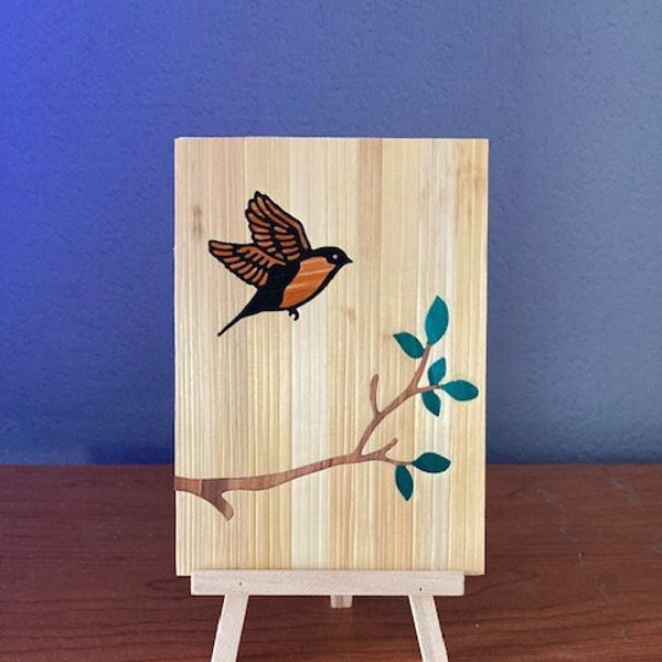 Bird and branch painting in straw marquetry 10cm x14 cm, rye straw