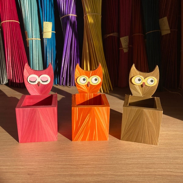 Porte bijoux hibou en marqueterie de paille, idée cadeau noël