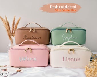 Embroidered Leather Makeup Bag, Personalized Cosmetic Travel Bag