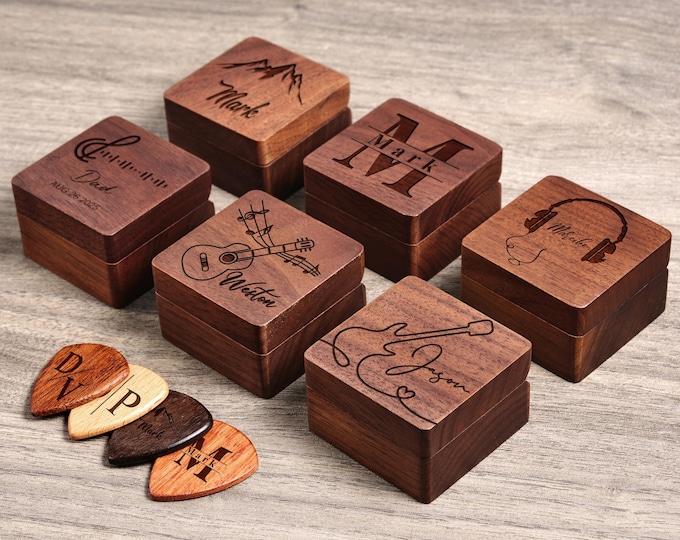 Custom Wooden Guitar Picks and Holder Case, Personalized Plectrum Box, Gift for Guitarist, Father’s Day Present, Christmas Gift for Him