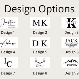 May include: Nine different design options for a personalized gift. The designs include names, initials, and dates. The designs are in black and white.