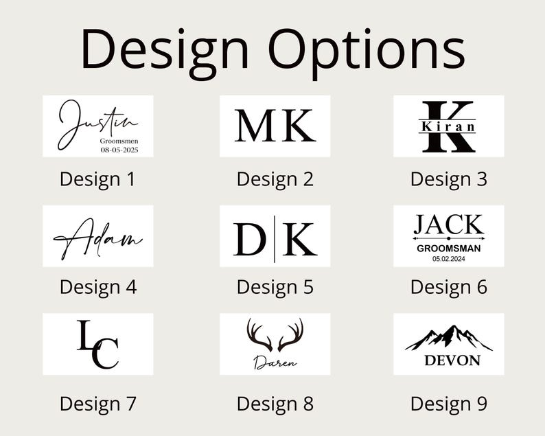 May include: Nine different design options for a personalized gift. The designs include names, initials, and dates. The designs are in black and white.