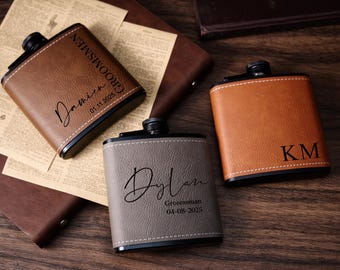 Personalized Leather Flask, Stainless Steel, Groomsmen Gift