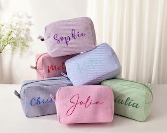 Personalisierte bestickte Seersucker Make-up-Tasche, Brautjungfer Geschenk