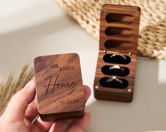 Custom Wooden Wedding Ring Box, Triple Slot Flip Design, Personalized Ring Holder for Engagement or Anniversary