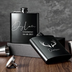 Black Engraved Stainless Steel Hip Flask, Personalized Flask for Dad, Great Gift for Groomsmen, Barware Accessories, Flasks for Best Men