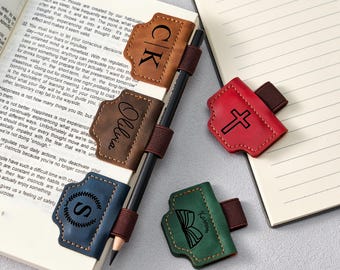 Personalized Leather Bookmark with Pen Holder, Handmade Magnetic Reader Gift