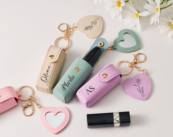 Personalized Lipstick Keychain with Mirror, Custom PU Leather Lip Balm Holder