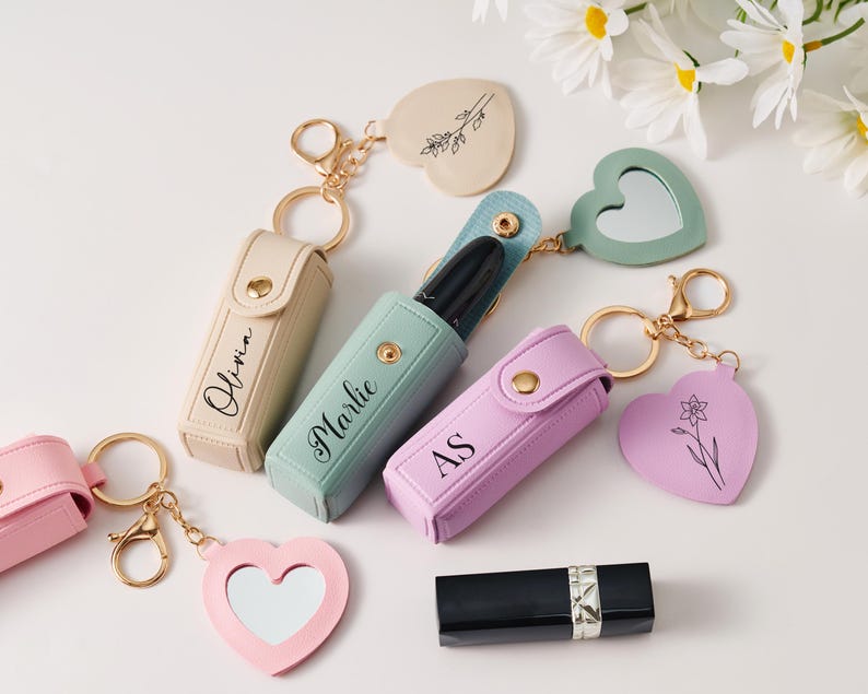 Personalized Lipstick Case with Mirror, Custom Name Lip Balm Keychain, Bridesmaid Proposal Gift, Christmas or Anniversary Gift for Her