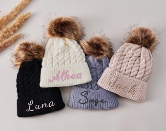 Custom Winter Beanies for Kids – Personalized Embroidered Hats with Faux Fur Pom-Poms, Cozy & Cute Design