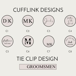 May include: A set of eight cufflink designs featuring different text and initials. The designs are in black and white on a light pink background. The text includes "DK", "MK", "Jenks", "Father of the Bride", "Bestman 08-05-2025", "Mark", "MK", and "Ooh You Rock Jack Aug. 25. 2025". There is also a tie clip design with the text "GROOMSMEN".