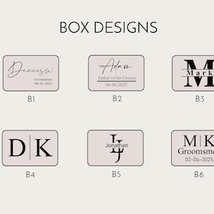May include: Six different box designs with text and initials. The designs are for a wedding or other special event. The text includes "Groomsmen", "Father of the Groom", "Mark", "Jonathan", and "Groomsmen".