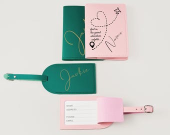 Personalized Vegan Leather Passport Holder and Luggage Tag Set