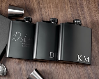 Engraved Black Stainless Steel Hip Flask – Personalized Groomsmen Gift