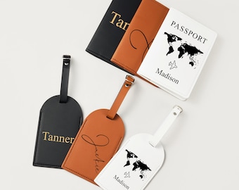 Personalized Vegan Leather Passport Holder and Luggage Tag Set