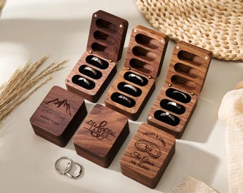 Personalized Triple Wooden Ring Box, Custom Engagement Ring Holder, Wedding Proposal Box with 3 Slots
