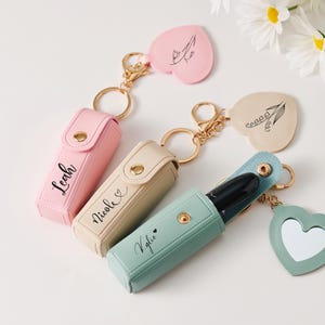 Personalized Leather Lipstick Holder Keychain with Mirror, Custom Engraved Lip Balm Case, Bridesmaid Proposal or Wedding Gift for Her