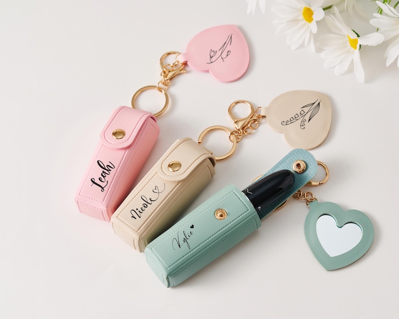 Personalized Leather Lipstick Holder Keychain with Mirror, Custom Engraved Lip Balm Case, Bridesmaid Proposal or Wedding Gift for Her