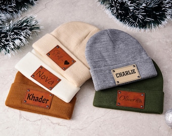 Personalized Parent Child Beanies with Engraved Name on Leather Patch, Mommy & Me Matching Winter Hats Set, Infant Toque Baby Shower Gift