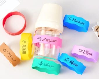 Personalized Water Bottle Bands, Custom Cup Name Labels for Kids, Engraved Sippy Cup Bands, Reusable Drink Bottle ID Bands
