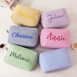 Seersucker Makeup Bag, Personalized Cosmetic Bag, Bridesmaid Gift, Embroidered Makeup Organizer, Custom Bridal Party Gift,Bridal Shower Gift