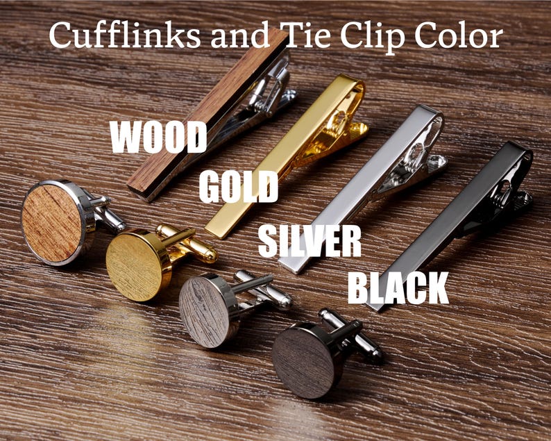 May include: Four pairs of cufflinks and tie clips in different colours: wood, gold, silver, and black. Cufflinks and tie clips are a popular accessory for men.