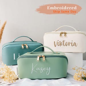 Charming Leather Makeup Bag with Custom Embroidery – Large Capacity Organizer, Great for Christmas and Bridesmaid Gifts