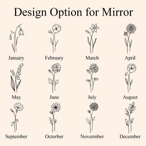May include: A chart titled Design Option for Mirror displaying twelve black line art floral illustrations, each labeled with a month from January to December, representing birth flowers in a grid layout on a light cream background.