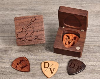 Personalized Walnut Guitar Pick Box, Engraved Plectrum Case