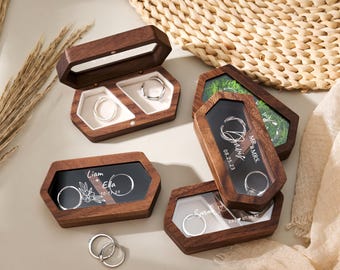 Custom Ring Bearer Box, Personalized Wedding Ring Box for Bride and Groom, Wooden Engagement Ring Holder, Double Slot Ring Case
