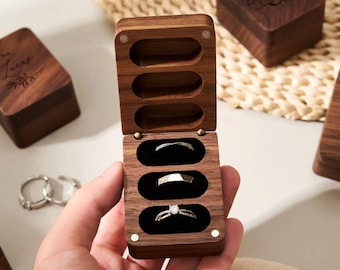 Triple Flip Wooden Ring Box, Personalized Ring Holder for Bride and Groom, Custom Wedding Ring Bearer Box
