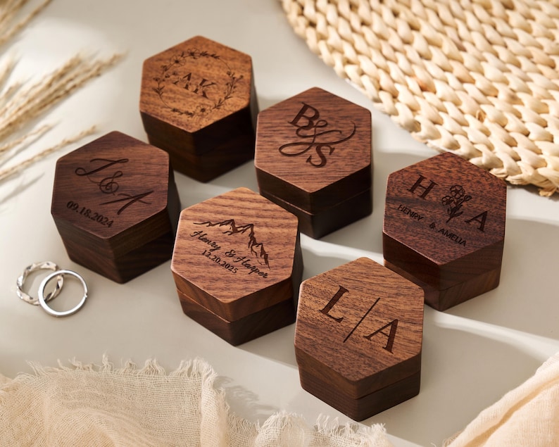 Handcrafted Walnut Ring Box \u2013 Custom Ring Holder for Engagement, Proposal & Wedding, Personalized Gift for Couple