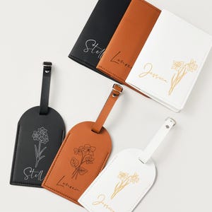 Personalized Leather Passport Holder & Luggage Tag with Birth Flower Design, Bridesmaid Gifts, Christmas Gift for Women, Travel Must-Haves