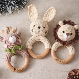 Custom Crochet Baby Rattle with Wooden Teether, Engraved Ring for Newborn, Handmade Animal Rattle Toy, Personalized Gift for Baby Shower