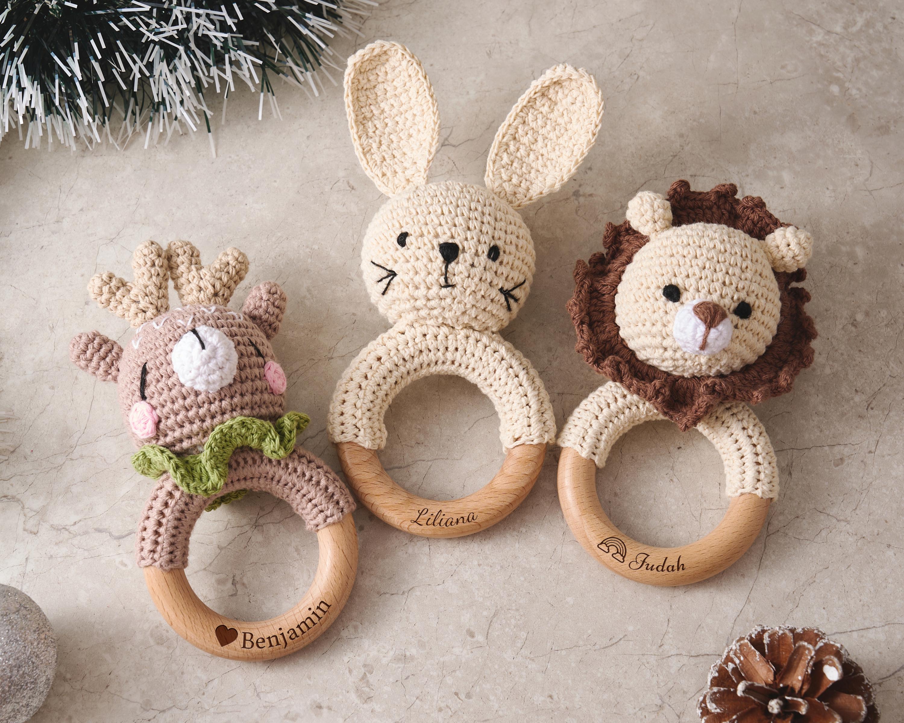 Custom Crochet Baby Rattle with Wooden Teether, Engraved Ring for Newborn, Handmade Animal Rattle Toy, Personalized Gift for Baby Shower