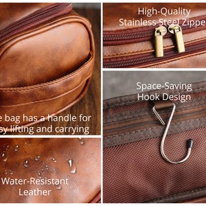 May include: Brown leather travel toiletry bag with a top handle, a zipper closure, and a hook for hanging. The bag is water-resistant and has a high-quality stainless steel zipper.