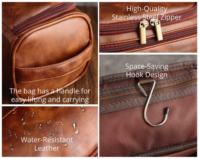 May include: Brown leather travel toiletry bag with a top handle, a zipper closure, and a hook for hanging. The bag is water-resistant and has a high-quality stainless steel zipper.