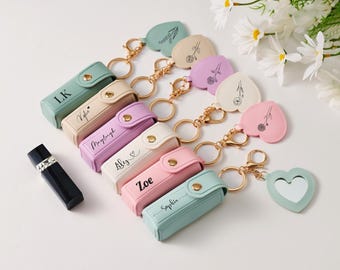 Personalized Lipstick Holder Keychain, Engraved PU Leather Lip Balm Case, Bridesmaid Gift