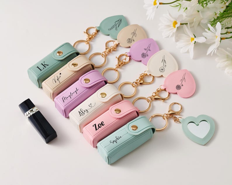 Birth Flower Engraved Lipstick Holder, Personalized Lip Balm Case Keychain, Bridesmaid Gift, Custom Leather Wedding Favour